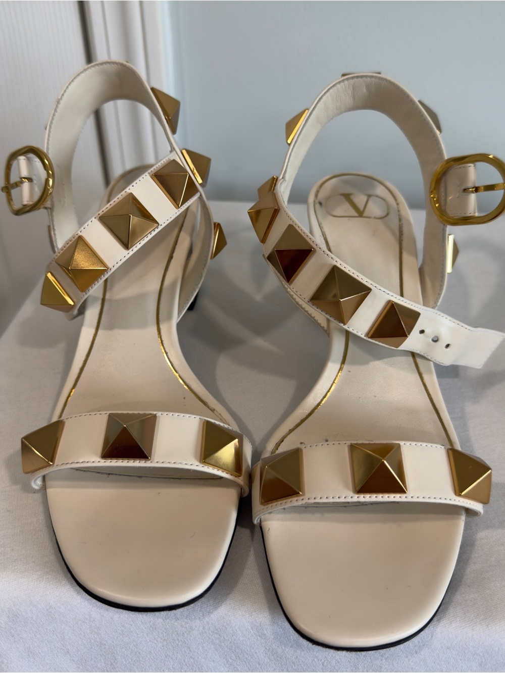Valentino White Leather Pyramid-Stud Ankle Strap Sandals with Gold Hardware